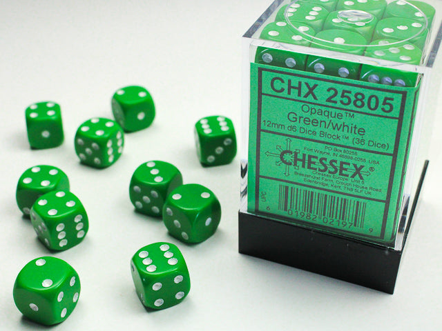 Chessex Opaque 12mm d6 Green/white Dice Block™ (36 dice)
