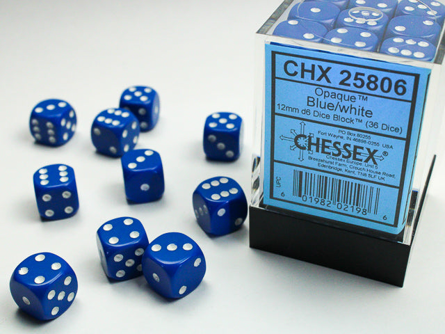 Chessex - Opaque 12mm d6 Blue/white Dice Block™ (36 dice)