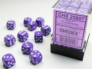 Chessex Opaque 12mm d6 Purple/white Dice Block™ (36 dice)