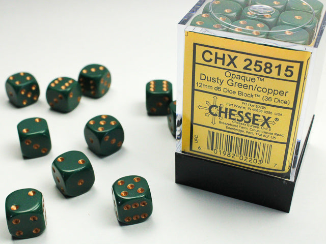 Chessex - Opaque 12mm d6 Dusty Green/copper Dice Block™ (36 dice)