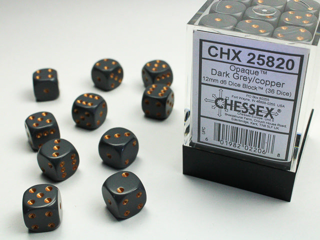 Chessex - Opaque 12mm d6 Dark Grey/copper Dice Block™ (36 dice)