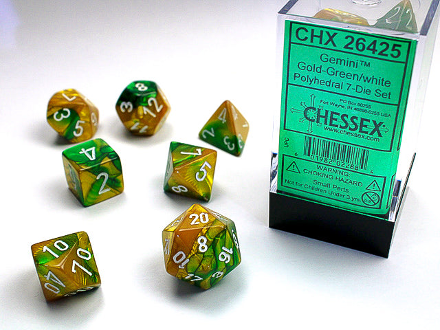 Chessex Gemini® Polyhedral Gold-Green/white 7-Die Set