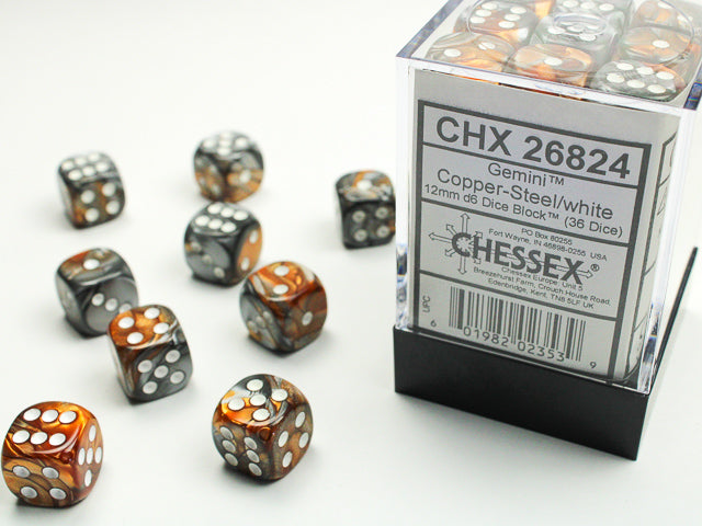 Chessex Gemini® 12mm d6 Copper-Steel/white Dice Block™ (36 dice)