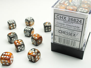 Chessex Gemini® 12mm d6 Copper-Steel/white Dice Block™ (36 dice)