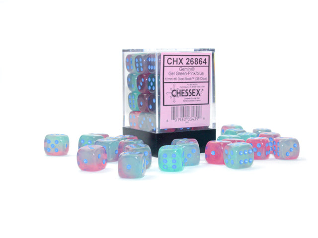 Chessex - Gemini® 12mm d6 Gel Green-Pink/blue Luminary™ Dice Block™ (36 dice)