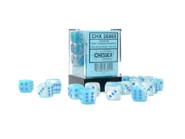 Chessex - Gemini® 12mm d6 Pearl Turquoise-White/blue Luminary™ Dice Block™ (36 dice)