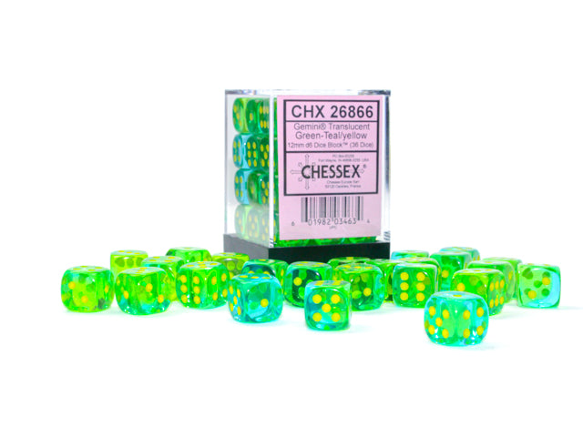 Chessex - Gemini® 12mm d6 Translucent Green-Teal/yellow Dice Block™ (36 dice)
