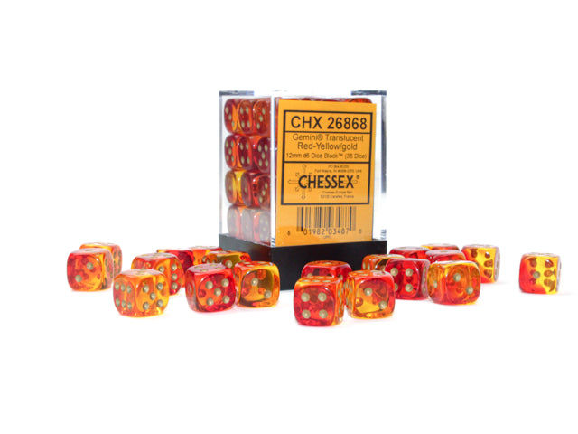 Chessex - Gemini® 12mm d6 Translucent Red-Yellow/gold Dice Block™ (36 dice)