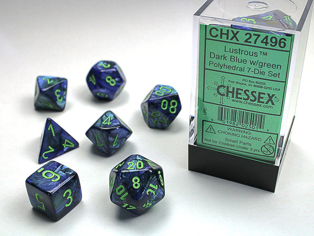 Chessex Lustrous® Polyhedral Dark Blue w/green 7-Die Set