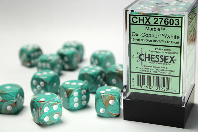 Chessex Marble 16mm d6 Oxi-Copper™/white Dice Block™ (12 dice)