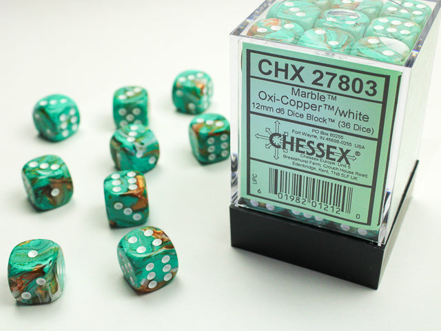Chessex Marble 12mm d6 Oxi-Copper™/white Dice Block™ (36 dice)