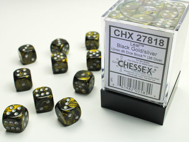 Chessex - Leaf™ 12mm d6 Black Gold/silver Dice Block™ (36 dice)