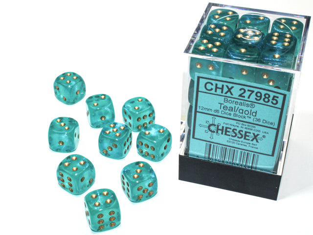 Chessex Dice - Borealis® 12mm d6 Teal/gold Luminary™ Dice Block™ (36 dice)