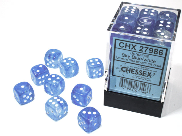 Chessex Dice - Borealis® 12mm d6 Sky Blue/white Luminary™ Dice Block™ (36 dice)