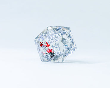 Sirius Dice: Sharp Edged 22mm D20 Snow Globe - Silver Ink and Silver glitter and Silver, Green & Red snowflakes