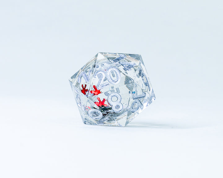Sirius Dice: Sharp Edged 22mm D20 Snow Globe - Silver Ink and Silver glitter and Silver, Green & Red snowflakes
