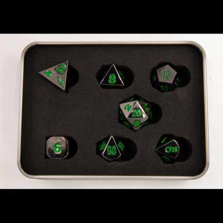 Critical Hit Collectibles: Gunmetal Set of 7 Metal Polyhedral Dice with Green Numbers for D20 based RPG's