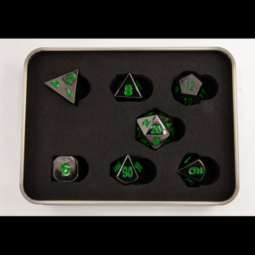 Critical Hit Collectibles: Gunmetal Set of 7 Metal Polyhedral Dice with Green Numbers for D20 based RPG's