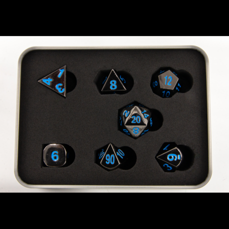 Critical Hit Collectibles: Gunmetal Set of 7 Metal Polyhedral Dice with Blue Numbers for D20 based RPG's