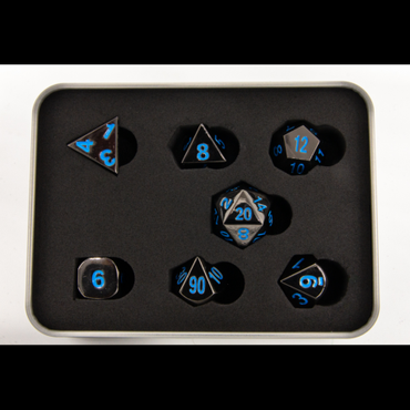 Critical Hit Collectibles: Gunmetal Set of 7 Metal Polyhedral Dice with Blue Numbers for D20 based RPG's