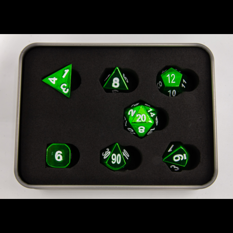 Critical Hit Collectibles: Green Set of 7 Metal Polyhedral Dice with White Numbers for D20 based RPG's