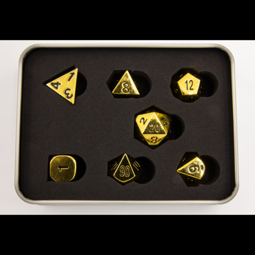 Critical Hit Collectibles: Shiny Gold Set of 7 Metal Polyhedral Dice with Black Numbers for D20 based RPG's