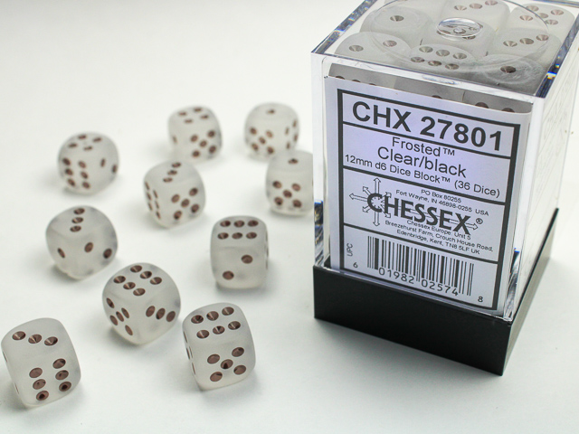 Chessex - Frosted™ 12mm d6 Clear/black Dice Block™ (36 dice)