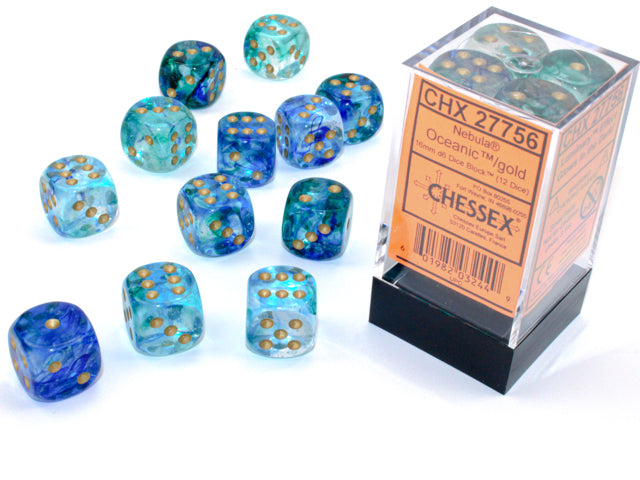 Chessex Dice - Nebula® 16mm d6 Oceanic™/gold Luminary™ Dice Block™ (12 dice)