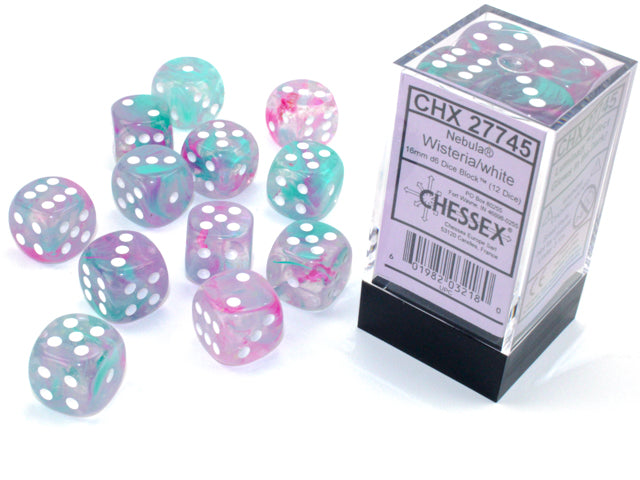 Chessex Dice - Nebula® 16mm d6 Wisteria/white Luminary™ Dice Block™ (12 dice)