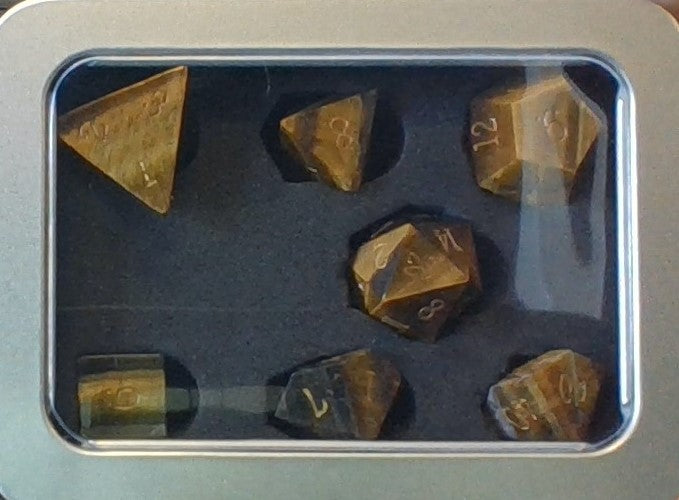 Yellow Tiger's Eye Set of 7 Gemstone Polyhedral Dice with Gold Numbers