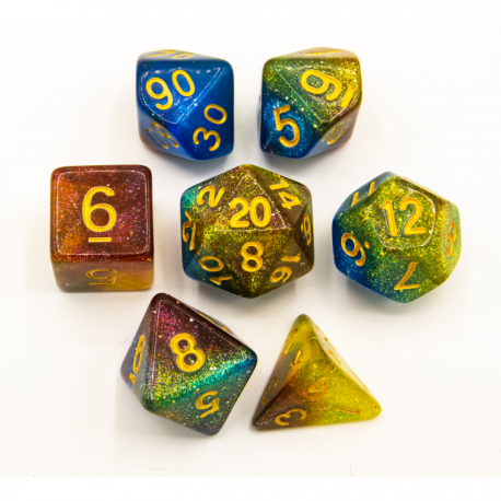 Critical Hit Collectibles: Blue/Purple/Yellow Set of 7 Galaxy Polyhedral Dice with Gold Numbers for D20 based RPG's