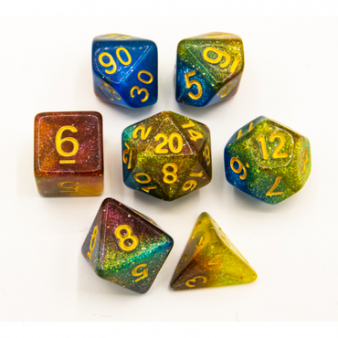 Critical Hit Collectibles: Blue/Purple/Yellow Set of 7 Galaxy Polyhedral Dice with Gold Numbers for D20 based RPG's