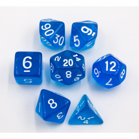 Critical Hit Collectibles: Blue Set of 7 Transparent Polyhedral Dice with White Numbers for D20 based RPG's