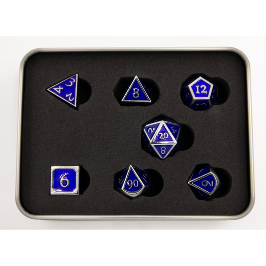Critical Hit Collectibles: Dark Blue Shadow Set of 7 Metal Polyhedral Dice with Silver Numbers for D20 based RPG's