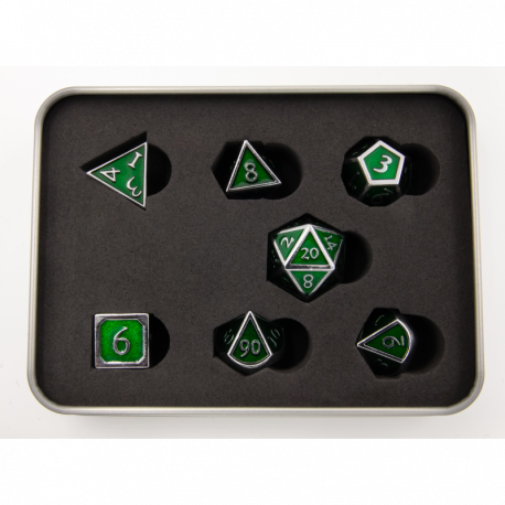 Critical Hit Collectibles: Dark Green Shadow Set of 7 Metal Polyhedral Dice with Chrome Numbers for D20 based RPG's