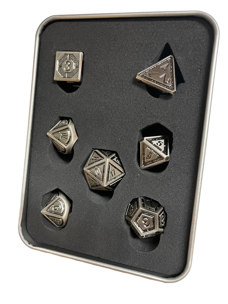 Burnished Block Set of 7 Metal Polyhedral Dice with Silver Numbers