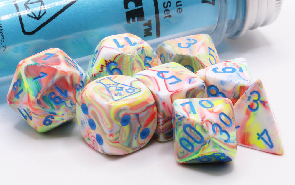 Chessex Lab Dice V (Festive - Kaleidoscope With Blue) 7pc  Dice Set