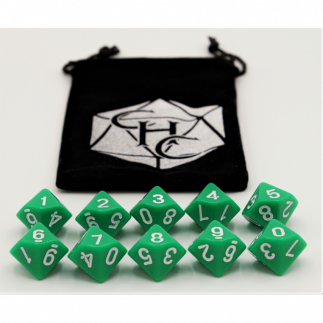 Critical Hit Collectibles: Green Set of 10 D10's Opaque Dice with White Numbers for D20 based RPG's