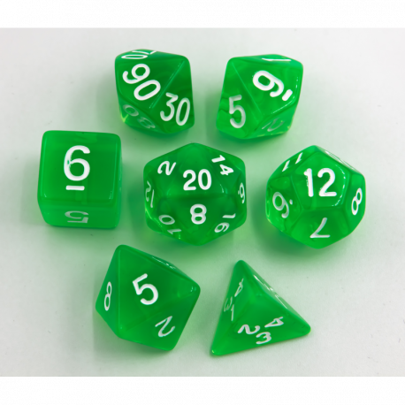 Critical Hit Collectibles: Green Set of 7 Transparent Polyhedral Dice with White Numbers for D20 based RPG's