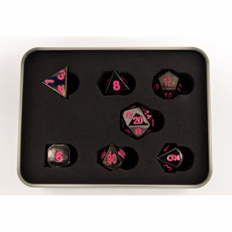 Critical Hit Collectibles: Gunmetal Set of 7 Metal Polyhedral Dice with Pink Numbers for D20 based RPG's