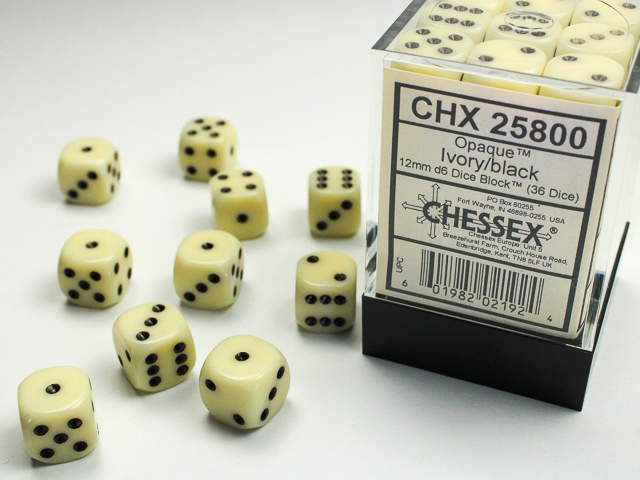 Chessex - Opaque 12mm d6 Ivory/black Dice Block™ (36 dice)