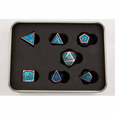 Critical Hit Collectibles: Light Blue Shadow Set of 7 Metal Polyhedral Dice with Copper Numbers for D20 based RPG's