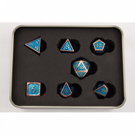 Critical Hit Collectibles: Light Blue Shadow Set of 7 Metal Polyhedral Dice with Copper Numbers for D20 based RPG's