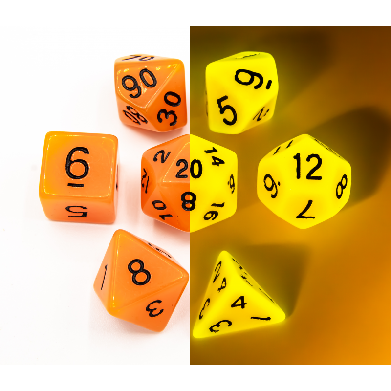 Critical Hit Collectibles: Orange Set of 7 Glow In Dark Polyhedral Dice with Black Numbers for D20 based RPG's