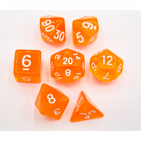 Critical Hit Collectibles: Orange Set of 7 Transparent Polyhedral Dice with White Numbers for D20 based RPG's