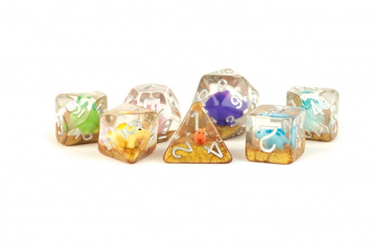 Metallic Dice Games: 16mm Resin Poly Dice Set - Rainbow Dinosaur Dice