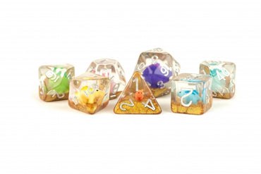 Metallic Dice Games: 16mm Resin Poly Dice Set - Rainbow Dinosaur Dice