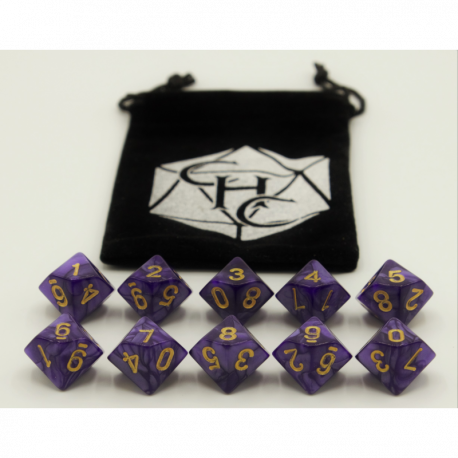 Critical Hit Dice: Purple Set of 10 D10's Marbled Dice with Gold Numbers for D20 based RPG's