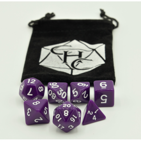 Critical Hit Collectibles: Purple Set of 7 Opaque Polyhedral Dice with White Numbers for D20 based RPG's