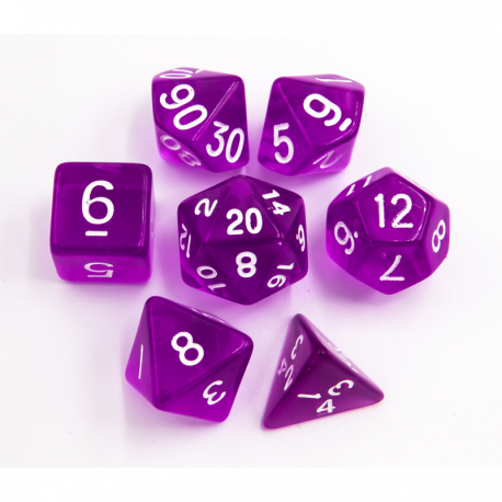 Critical Hit Collectibles: Purple Set of 7 Transparent Polyhedral Dice with White Numbers for D20 based RPG's